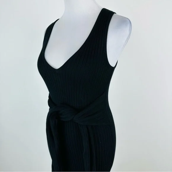 Good American Black Bodycon Ribbed Knit Tie Waist Midi Dress Size 1 Small - Picture 7 of 11